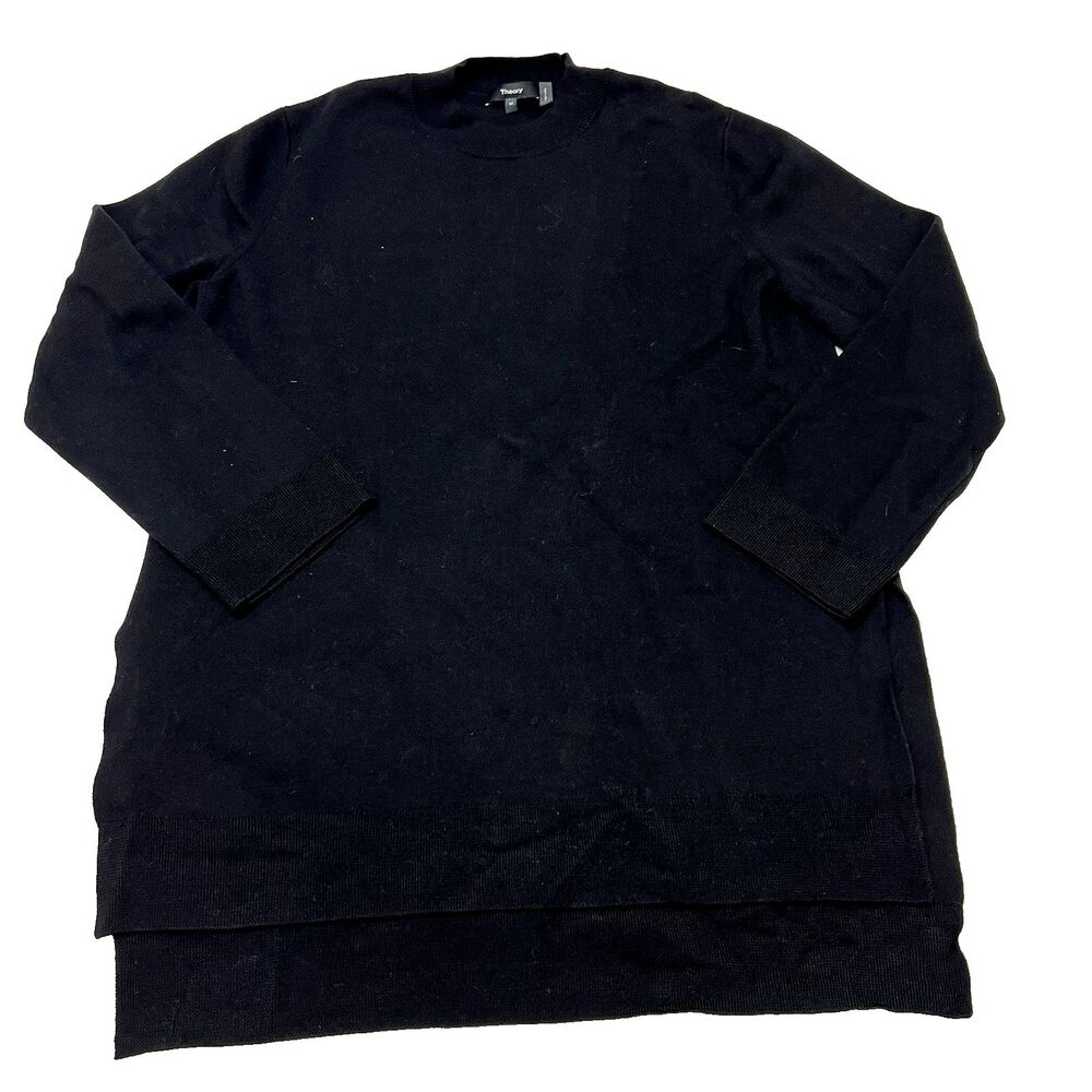 Theory Sweater Tunic Black Hi Low Crew Soft Merino Wool Interlock Women's Medium